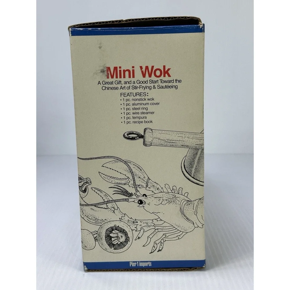 Vintage Pier 1 Mini Wok 6 Piece Nonstick Wok Lid Ring Steamer Tempura Book NOS